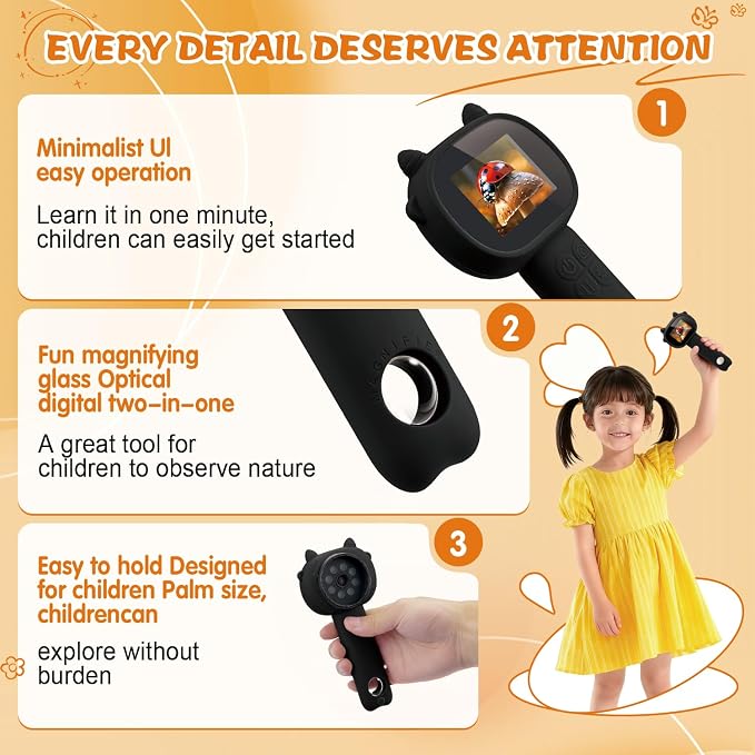 Microscope for Kids 500x Magnification,4X Zoom Mini Pocket Handheld Microscope with 2.0" Screen for Toddlers-STEM Educational Science Kit Toddler for Boys Girls Aged 3-12(Black)