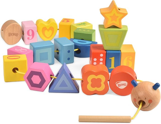 Caterpillar Lacing Toy, Wooden Threading & Stacking Beads for Toddlers | Nine numbered blocks among the 20; varied shapes and colors; counting, fine motor skills, dexterity and hand-eye coordination