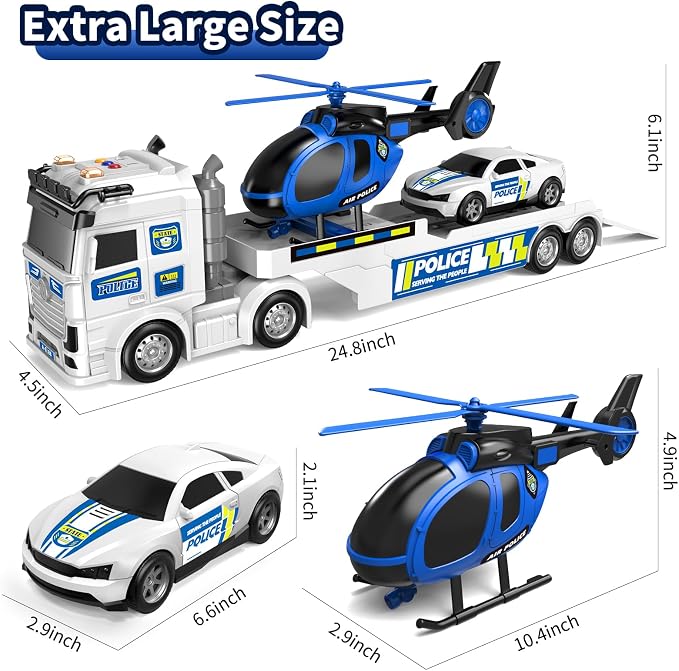 Kids Toys for Ages 3 4 5 6 7 8 Years Old Boys, 25" Large Police Semi Truck with Helicopter & Race Car, Friction Powered Vehicle with Lights & Sounds,Birthday Gift for Boys Girls