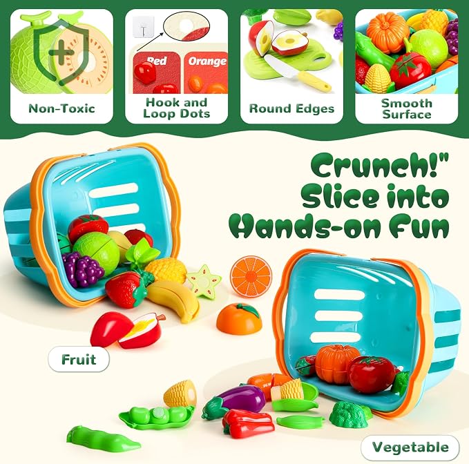 SOCBTNSO Pretend Play Food Set with Felt Tree Mat & Storage Basket for Kids | Kitchen Accessories Toys|Fruit and Veggie Sensory Toy|Montessori Color Sorting|Gift for Toddlers 3 4 5 6 Year Old|Boys Girls