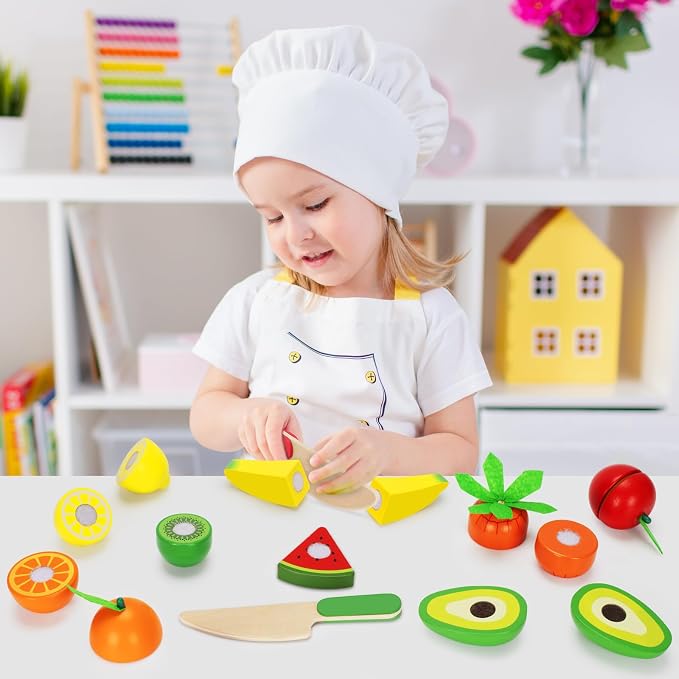 TooyBing Wooden Play Food Toy Set for Kids Kitchen - 30 Pcs Montessori Cutting & Color Sorting Fake Fruit Accessories with 4 Boxes, Play Toys for Toddlers 3, Birthday Gifts for Boys Girls