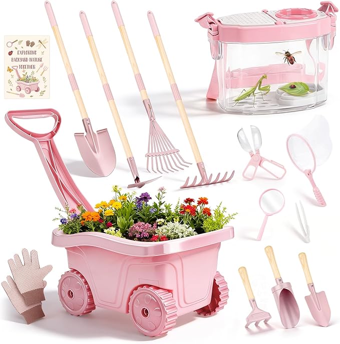 Dreamon Kids Gardening Set, 14Pcs Kids Gardening Tool with Bug Catching Kit | 2-in-1 Outdoor Toys with Wheelbarrow and Bug House, STEM Educational Toys for 3 4 5 Year Old Girls Boys Birthday Gifts, Pink