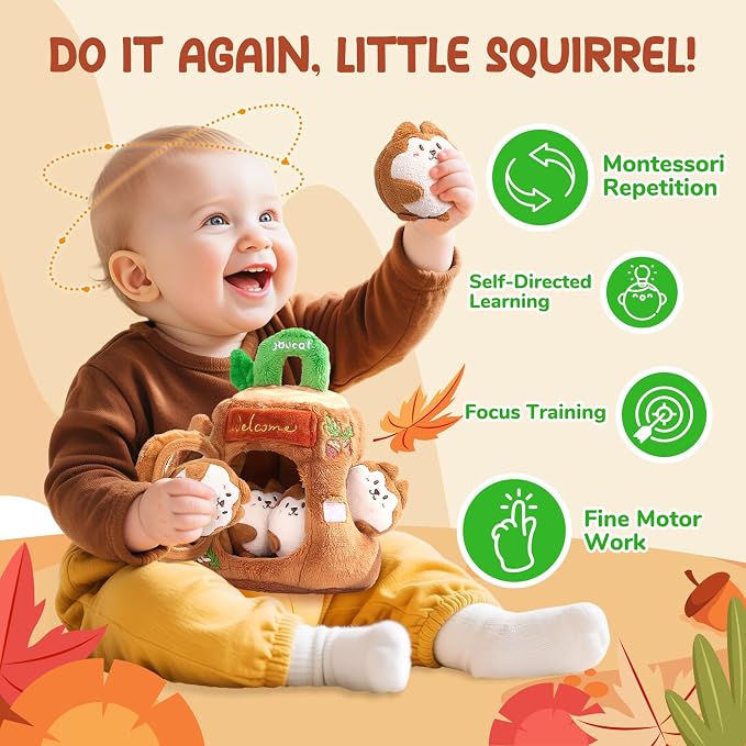 JoyCat Baby Toys 6-12 Months, Soft Treehouse 5 Sensory Squirrels, Rattle | Soft treehouse with 5 sensory squirrels offers rattle, crinkle, squeak and mirror play for baby exploration and learning.