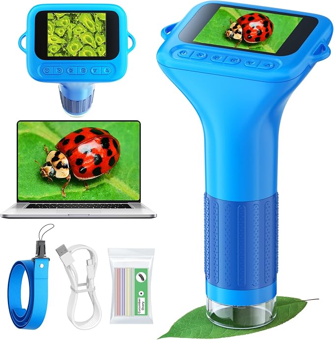 Odatay 1000X Digital Kids Microscope Kit with 12 Slides & 2" Screen, Blue | 1080P Imaging, Fit Ages 3-12, Standalone Pocket Science Edu Toys Gifts, Outdoor Backyard Bugs Exploring, Anti-drop Lanyard