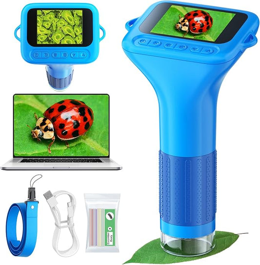 Odatay 1000X Digital Kids Microscope Kit with 12 Slides & 2" Screen, Blue | 1080P Imaging, Fit Ages 3-12, Standalone Pocket Science Edu Toys Gifts, Outdoor Backyard Bugs Exploring, Anti-drop Lanyard