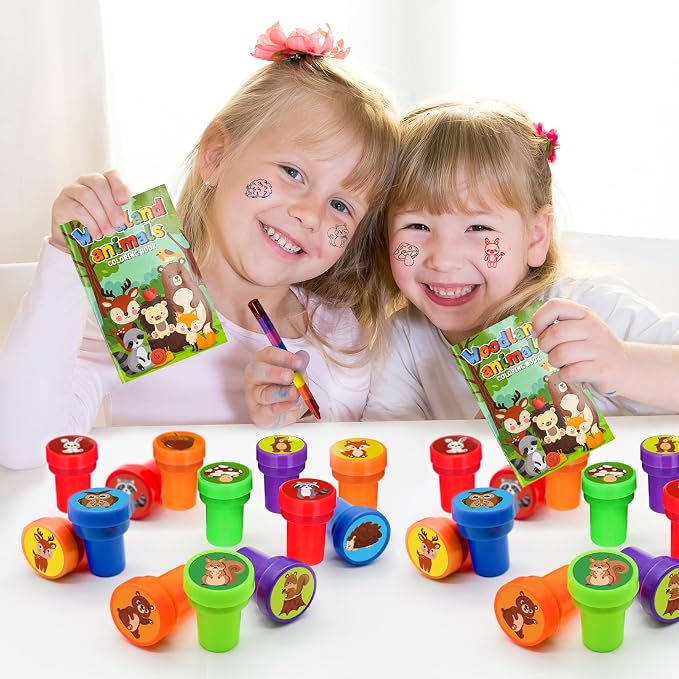 Cinrobiye 24 Pcs Woodland Animals Stampers Party Favor Set, Cute Forest Animal Stamps for Kids Birthday Party, Classroom Rewards, Nature Learning Toys, Goody Bag Fillers
