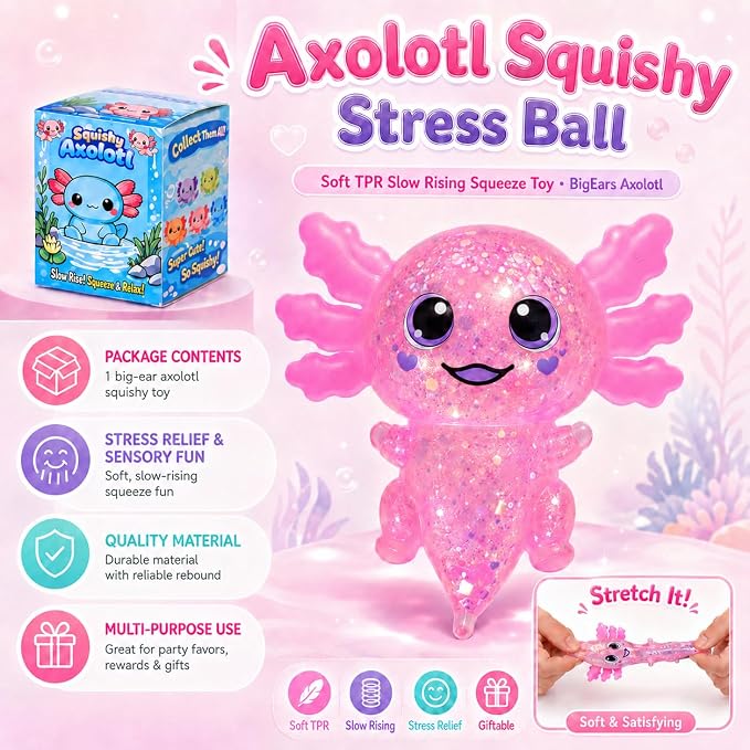 Axolotl Squishy Stress Ball, Soft TPR Slow Rising Squeeze Toy, Cute Axolotl Fidget Toy for Stress Relief, Anxiety Calming Sensory Toy for Kids Adults(Pink BigEars Axolotl)