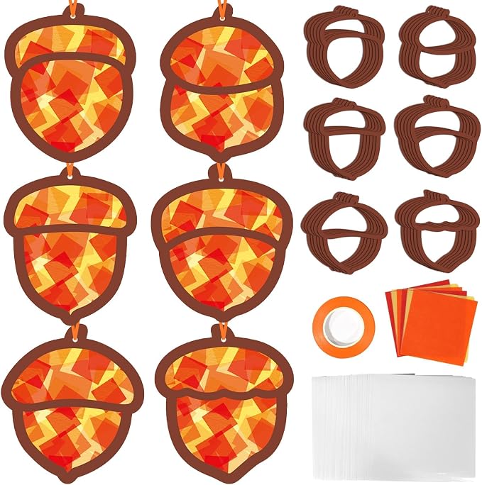 Qyeahkj 36 Set Fall Acorn Suncatchers Crafts for Kids DIY Autumn Window Tissue Paper Craft Kit Hanging Decor for Thinkgiving School Home Activity Art Project Birthday Party Favor Gift