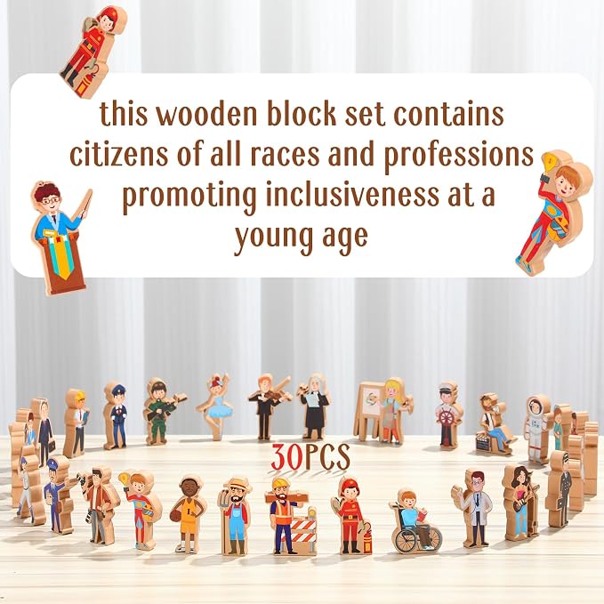Blosssound 30 Pcs Community Helpers Blocks Preschool Community Helpers | Wooden People for Dramatic Play Center, Multicultural Career Toys, Pretend Games for Kids Classroom, Educational Blocks