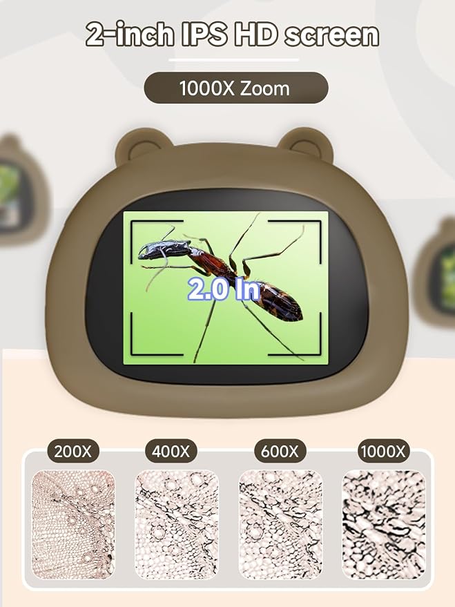 Acoath Microscope for Kids, 1000X Handheld Digital Miniscope with 2.0" Screen, Portable Pocket Microscope Education Toys Birthday Gifts for Age 3 4 5 6 7 8 9 10 Girls Boys