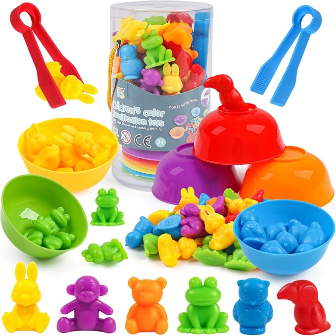 GKDOMS Counting Animals Toy Matching Game with Sorting Bowls Preschool Learning Activities Montessori Sensory Toys for Math Color Sorting, Party Favors Birthday Gifts for Kids