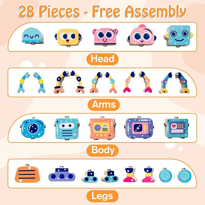 28-Piece Wooden Snap-Together Take-Apart Robot Building Blocks for Kids 3-6 | Mix-and-match heads, bodies, arms and legs for varied creations, fine motor practice, problem-solving and open-ended play