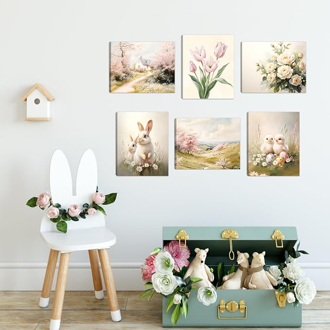 HOURIA Spring Easter Framed Canvas Wall Art(Set of 6,12”x16”), Bunny Chicks Easter Wall Decor, Vintage Tulip Cherry Blossom Spring Decorations for Home Living Room