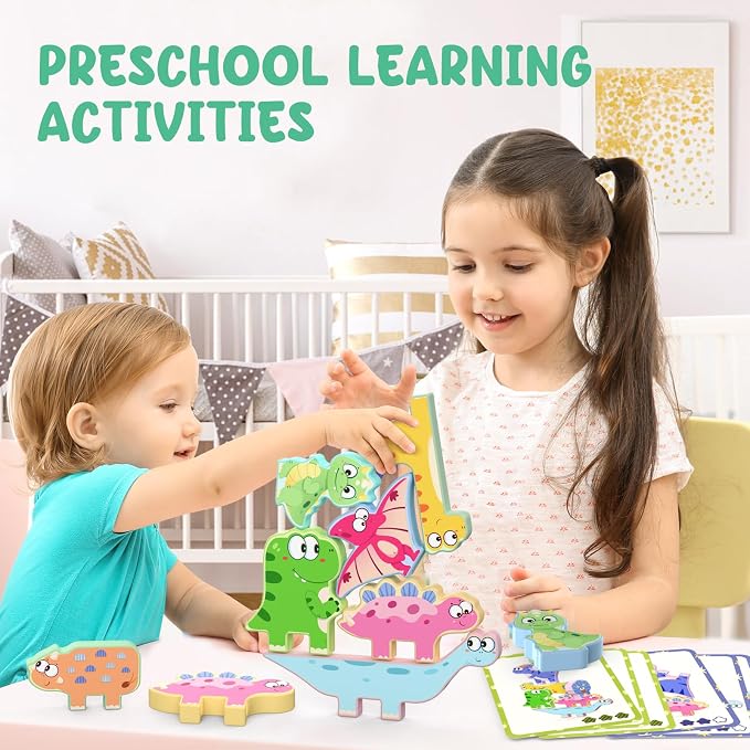 Zeoddler Montessori Toys for Toddlers, 10 Pack Wooden Dinosaur Stacking Blocks, Sorting & Stacking Preschool Learning Activities, Gift for Boys, Girls