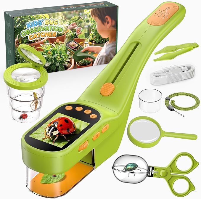Handheld Microscope for Kids, Outdoor Explorer STEM Toy with Bonus Tools, 2.4" IPS Screen, Ergonomic Grip, Digital Camera, Photo/Video, Magnifier, Science Kit – Gift for Boys & Girls Age 3-12