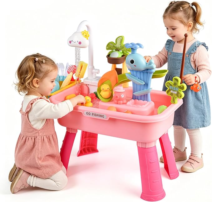 Ploomi Upgraded Toddler Sand Water Table Toy with Electric Water Pump, Kids Sand Water with Faucet/Play Food Accessories/Fishing Toy, Kitchen Play Sink Toys for Girl Boy Age 3+