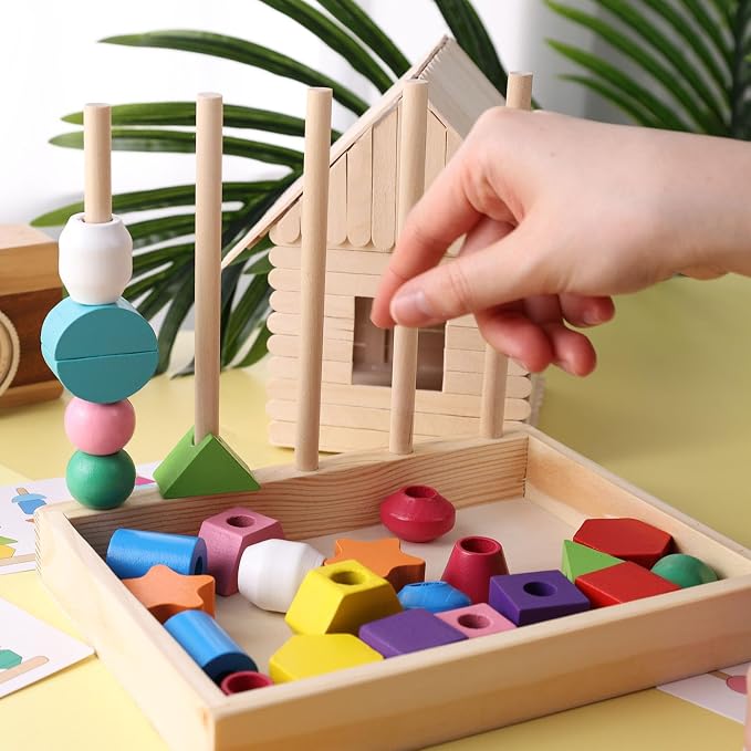 LovesTown Beads Sequencing Toy, Wooden Shape Stacking, 8 Cards, Frame | Montessori Sorting, Matching Game, Fine Motor Skills Development, Hand-Eye Coordination, for Toddler