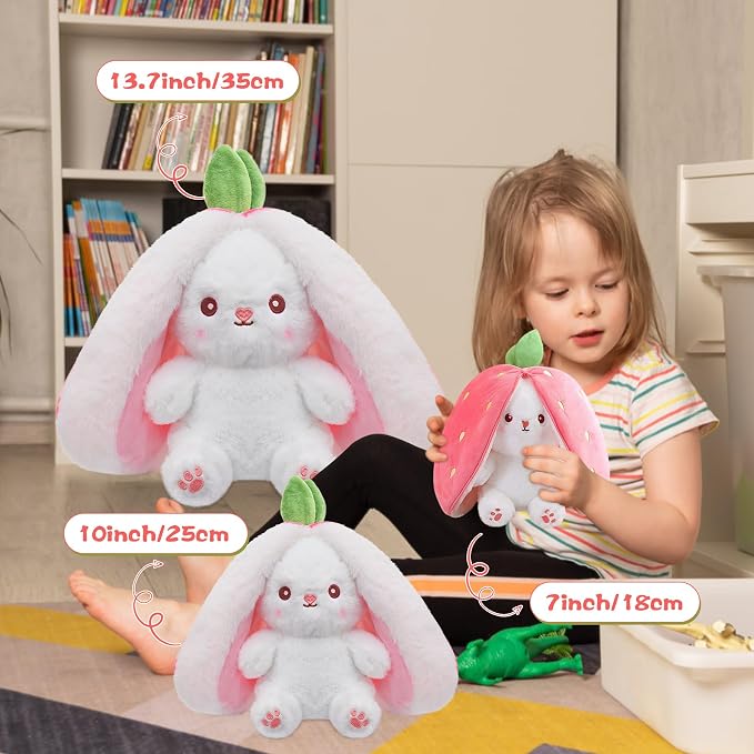 MIAODAM 13.7" Large Bunny Stuffed Animal,Squishy Cute Bunny Plush Toy | Reversible Transformable Strawberry Fruit Doll, Funny Christmas/Easter Plushies Gift for Kids & Girlfriend