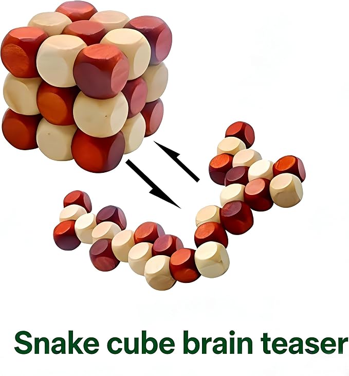 MAGIKON Brain Teaser Cube Puzzle Toy, Snake Cube Wooden 3D Puzzle | Wood, two-tone colors, snake cube design, smooth gliding, logic puzzle, for kids adults, spatial awareness toy