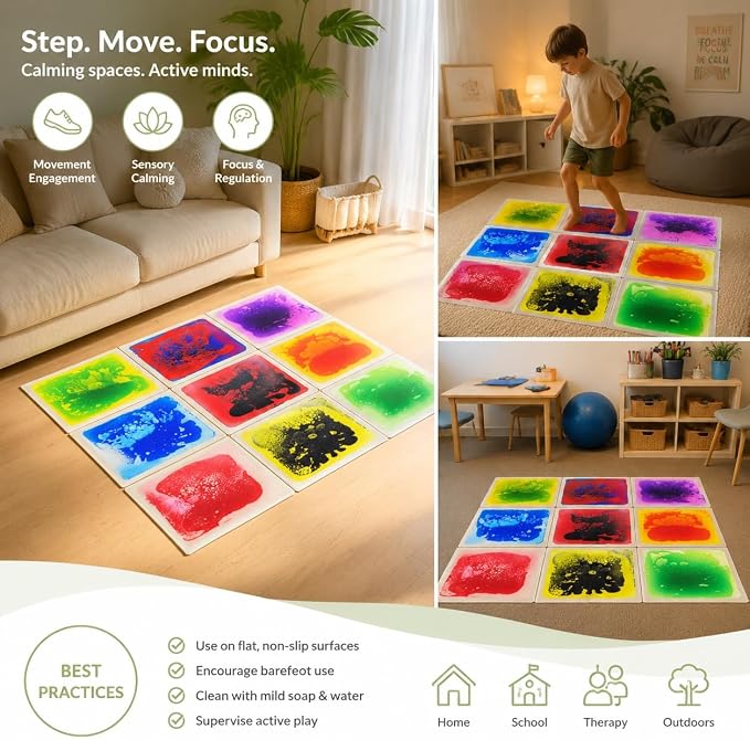 edusense Liquid Sensory Floor Tiles Non-Slip Autism Home&Classroom Play 3+ | Non-Slip Cushioned Motion Tiles for Autism Sensory Play, Classroom Bulk, Motor Skills, Visual Tracking, Ages 3+