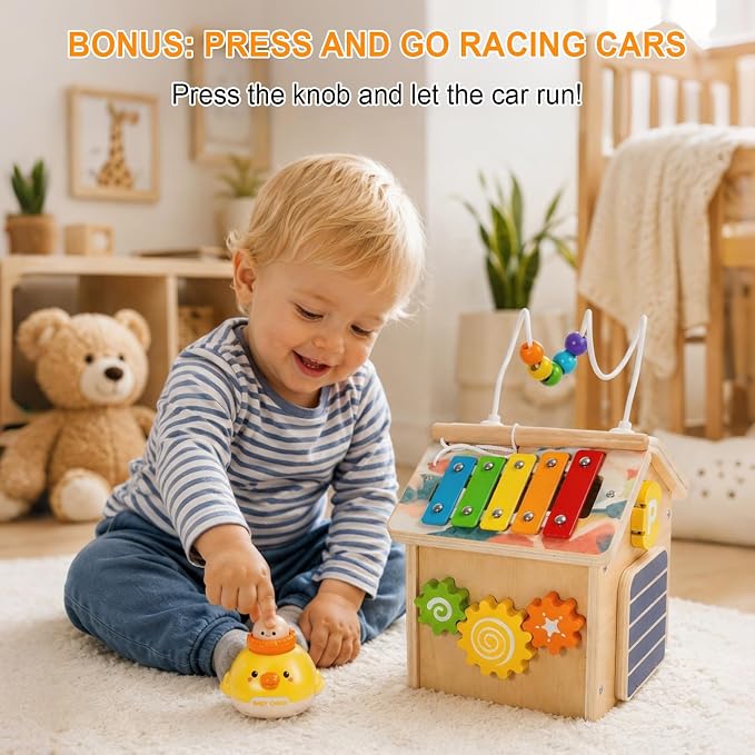 Montessori Wooden Baby Activity Play Cube Toys for Boys Girls 6 Months+, Early Developmental Learning Activity Center for Toddlers, 1-3 Years Old Kids First Birthday Gift, Bonus Infant Press & Go Car