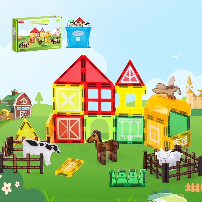 Magnetic Tiles Farm Animals Set - 30 Pcs Building Blocks with Fence – Montessori Sensory Toy for Toddlers 3-5 – Preschool Early Learning Construction Set for Home/Nursery – Ideal Gift for Boys & Girls