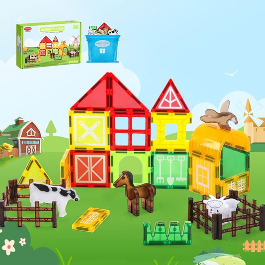 Magnetic Tiles Farm Animals Set - 30 Pcs Building Blocks with Fence – Montessori Sensory Toy for Toddlers 3-5 – Preschool Early Learning Construction Set for Home/Nursery – Ideal Gift for Boys & Girls