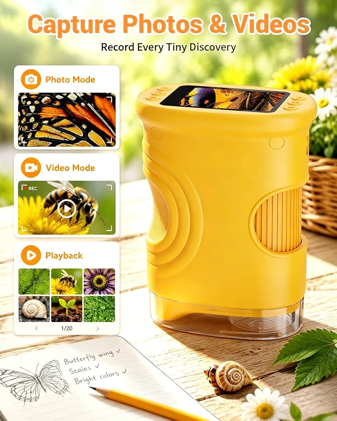 1000X Digital Handheld Microscope for Kids Portable Outdoor Toys & Gifts | 2.0" IPS Screen Magnifier, STEM Science Lab Magnifying Glass, Photo&Video Pocket Edu Toy for Boys & Girls Age 4-12, Orange