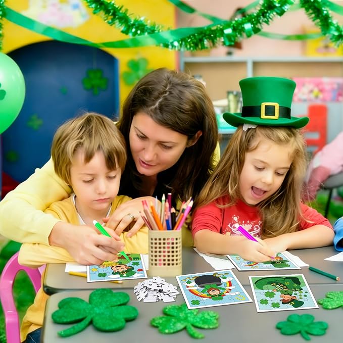 Fennoral 24 Pack St Patrick's Day Craft Kit for Kids Color You Own St Patrick's Day Jigsaw Puzzle DIY Coloring Art and Craft for Irish Classroom Art Activity Patrick's Party Favor Supplies
