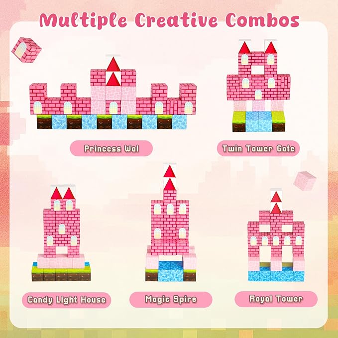 3 otters 32PCS Magnetic Blocks, with a Storage Box, Princess Castle | Portable Travel Toy, STEM Magnet Cubes for Preschool Learning, Party Favors, Stocking Stuffers