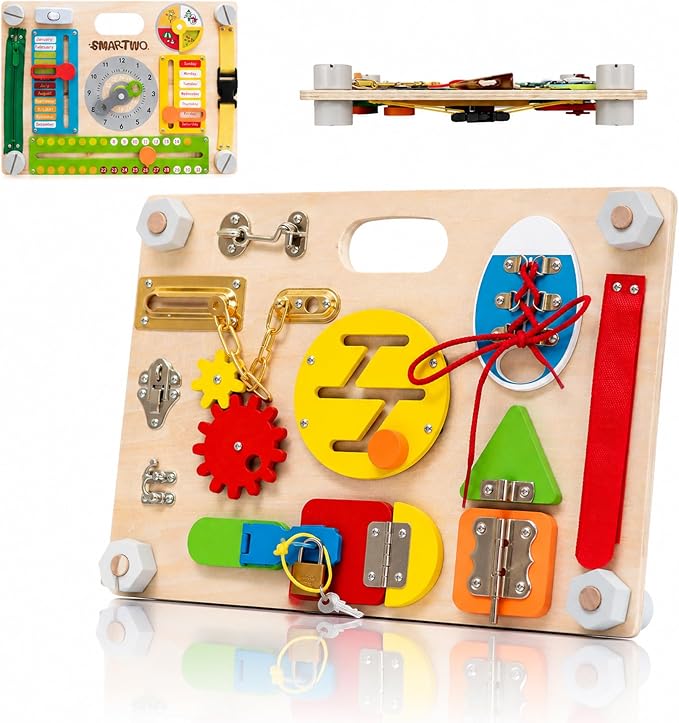 Montessori Busy Board for Toddlers 3+, Double Sided Sensory Board | 2-in-1, 20+Activities, Fine Motor Skills Toy, Calendar Learning Board, Life Skills Travel Toy
