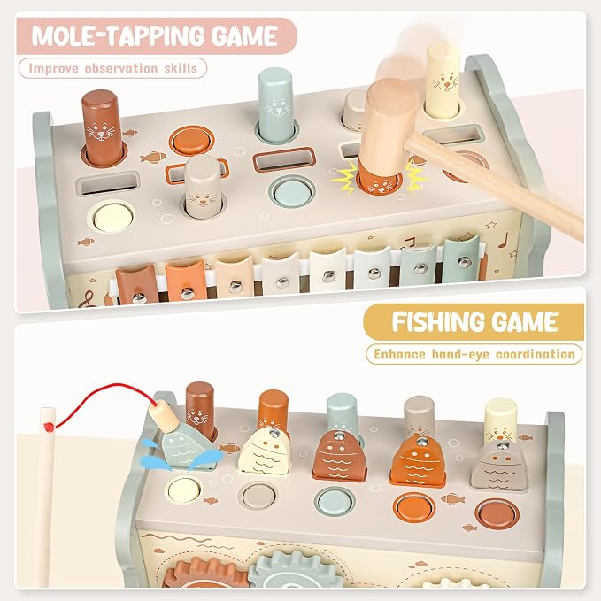 Joyreal Wooden Montessori Toys for 1 Year Old Hammering Pounding Toys | Xylophone, Fishing Game, Gears, Educational Toddler Activities, Christmas Birthday Gifts for 1 2 3 Year Old, Neutral Color