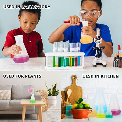 DoubleFill 20 Pcs Plastic Beakers for Kids Class and Party, Scientific Conical Flask, Laboratory Chemical Erlenmeyer Education Learning Tool, 50ml, 100ml, 250ml, 500ml, 1000ml