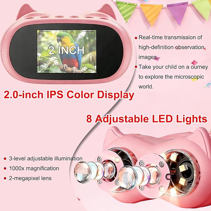 1000X Handheld Digital Microscope for Kids & Binoculars, STEM Toys, 2 in 1 | Kids Pocket Microscope with 2.0" IPS Screen, 8 LED, Photo and Video, Science Kit, Birthday Gifts for Boys Girls Ages 4-12