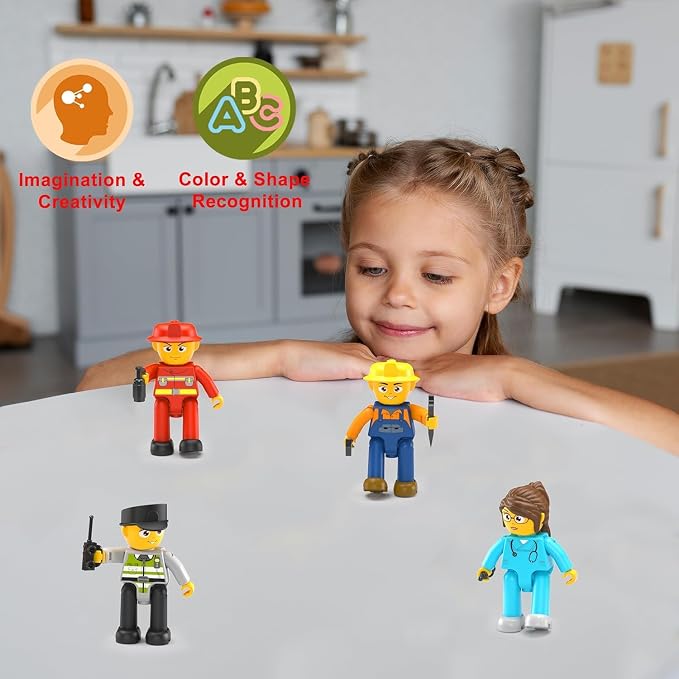 Picasso Toys Magnetic Character Action Figures 4 Piece for Building Block Tile Toddler Toy Set Magnet Expansion Pack Age 3 and up Fireman, Nurse, Police, Constructions Learning Pretend Playset PTA17