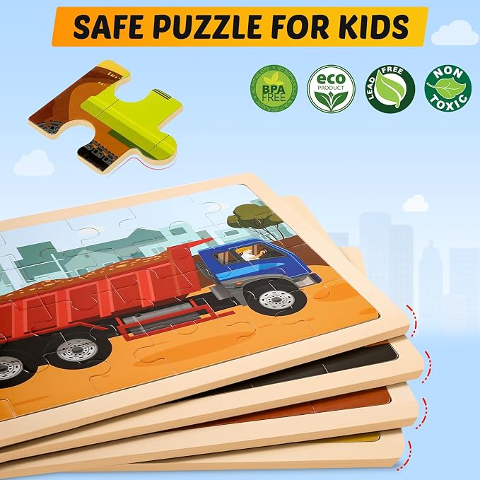 4-Pack Wooden Puzzles for Kids Ages 3-5, 24-Piece Construction Vehicle Set | Toddler Puzzles Ages 3-5, Preschool Puzzles with Wooden Jigsaw Boards for Fine Motor Skills, Shape Recognition and Travel