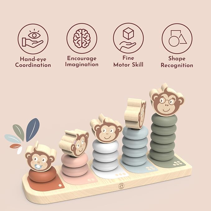 Kids Family Stacker, 5 Stackable Monkeys: Parent, Child, Sibling, Non-Toxic Paint, Develops Dexterity & Creativity, Educational Toy for Early Learning | 5 stackable monkeys, sorting & stacking toys, montessori toys, preschool toys, creative fine motor ...