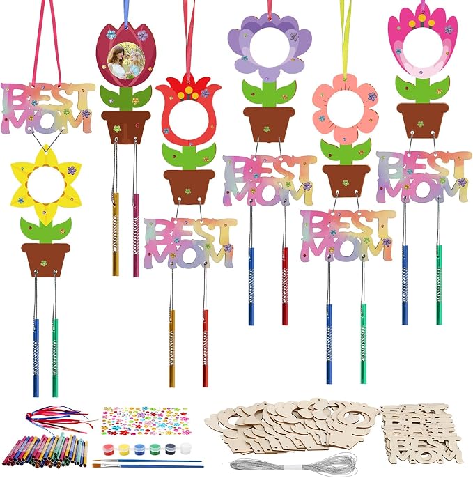 Fennoral 12 Pack Flower MOM Wind Chime Kit for Kids Make You Own Mother's Day Craft Kit DIY Coloring Wooden Art and Craft for Mom's Birthday Decoration Mother's Day Gifts from Daughter Son