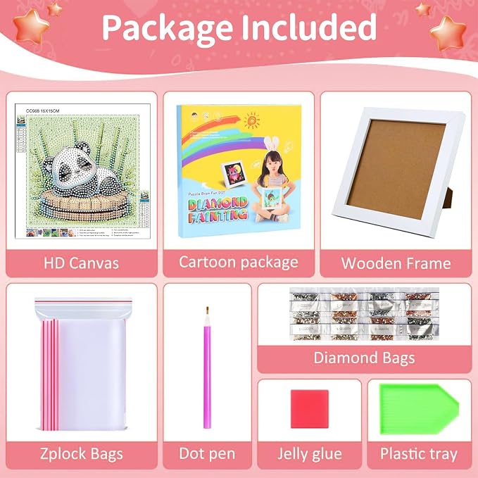 Gemozaic Diamond Art Kits for Kids with Frame, Panda Diamond Art for Kids Ages 4-6-8 for Gift Home Wall Decor (7x7inch)