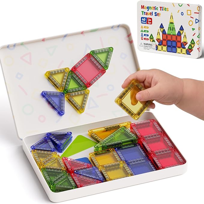 Mini Magnetic Tiles for Kids Travel 60 Mins Quiet Play 30s Cleanup | 40 PCS Cartoon Tin Box Magnet Building Blocks to Stop Crying - Birthday Gift Boys Girls Age 3-8