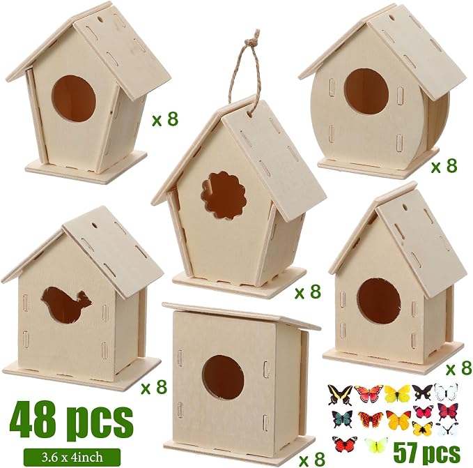 Sawysine 107 DIY Birdhouse Kits, Wooden Bird House Multiple Entrance | 48 Wooden Bird House Kits in 6 Shapes and 57 Butterfly Sticker for Children Fall Craft Activity Art DIY Project