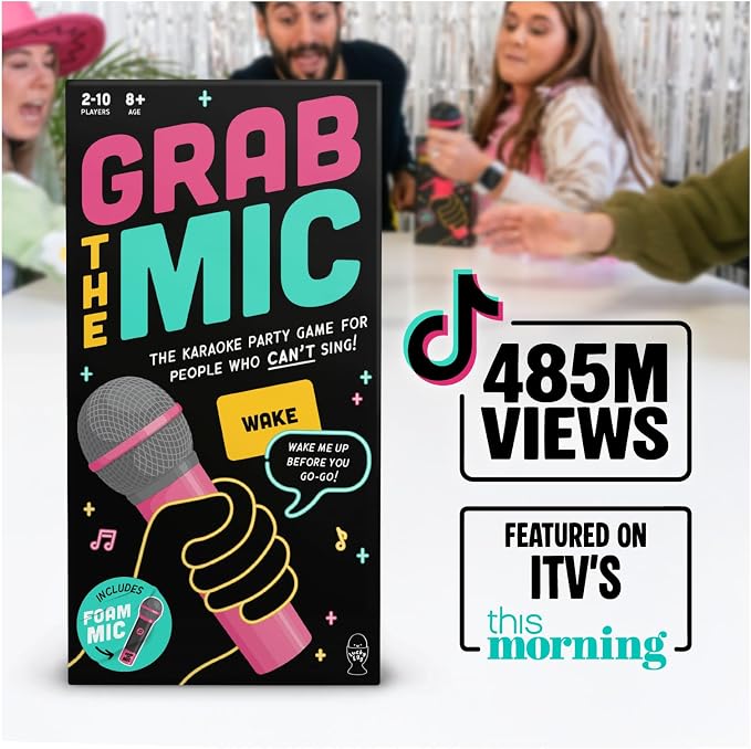Grab The Mic, Karaoke Party Game for Bad Singers, Family & Adult Fun | 120 Word Cards, Foam Microphone Included. Perfect For Family Game Night, Birthdays & Sing-Off Parties.