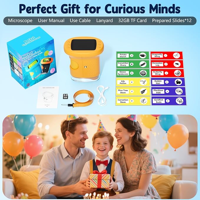 Odatay 4K 1000X Digital Microscope for Kids with 32G Card, Long Distance Viewing & 2.4" Screen Portable Handheld Edu Toys for Age 3-12 Exploring Bugs Plants at Home Classroom & Outdoor Travel, Yellow
