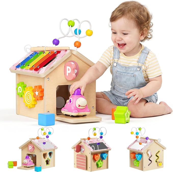 Wooden Activity Cube for Toddlers 1-3 with Press to Go Car Toy, Montessori Baby Educational Learning Toys for Kids, Multipurpose Infant Activity Center, for Girls Boys 1+ Year Old