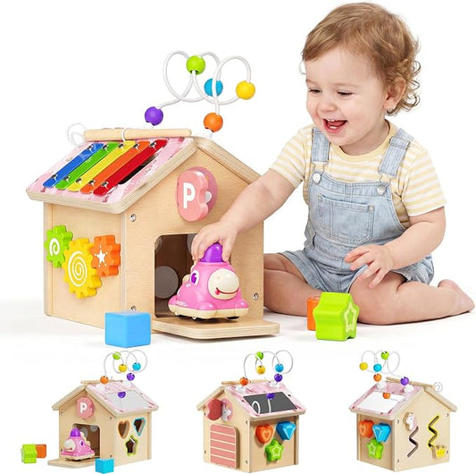 Wooden Activity Cube for Toddlers 1-3 with Press to Go Car Toy, Montessori Baby Educational Learning Toys for Kids, Multipurpose Infant Activity Center, for Girls Boys 1+ Year Old