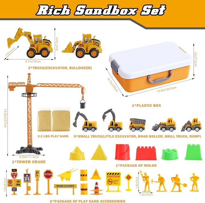 Sand Construction Kit - Play Sand Art Kit with 7 Construction Truck, 2lbs Magic Sand, Castle Molds, Crane, Worker Figures and Road Signs, Construction Sensory Bin for Preschool Learning for kids 3+