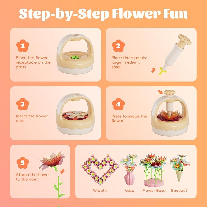 Fabric Flower Bouquet Craft Kit, DIY Arts & Crafts Toy for Kids, Creative Flower-Making Activity Set, Educational Preschool Toy, Perfect Birthday & Christmas Gift for Girls Ages 4 5 6 7 8+ (yellow)
