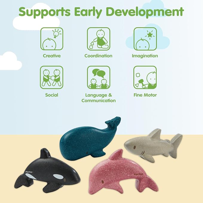 PlanToys® Wooden Sea Life 4-Piece Set, Dolphin, Orca, Whale & Shark Kids Toy