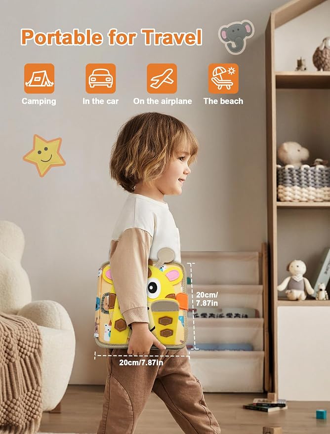 BizyKoady Busy Book for Toddlers 1-3, Montessori Toys for 1 Year Old, Kids Travel Toys, Educational Activity Book, Birthday Gifts for Boys & Girls, Washable Felt Busy Board, Giraffe