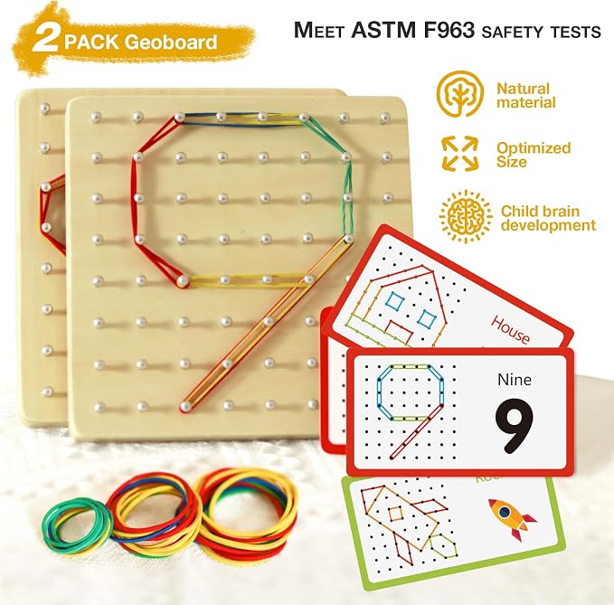 CHEROSIN 2Pack Wooden Geoboard Montessori Toys - Wood Geo Board Manipulative Geoboards for 4 5 6 Year Old Kids with Pattern Cards and Rubber Bands,Brain Teaser STEM Toy for Boys Girls Ages 3-6